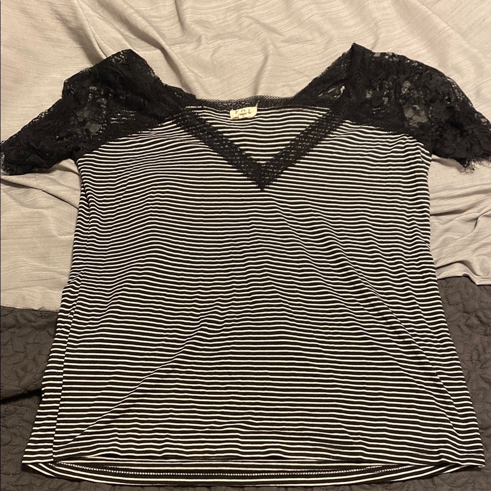 Women’s Black and White Striped Lace Top